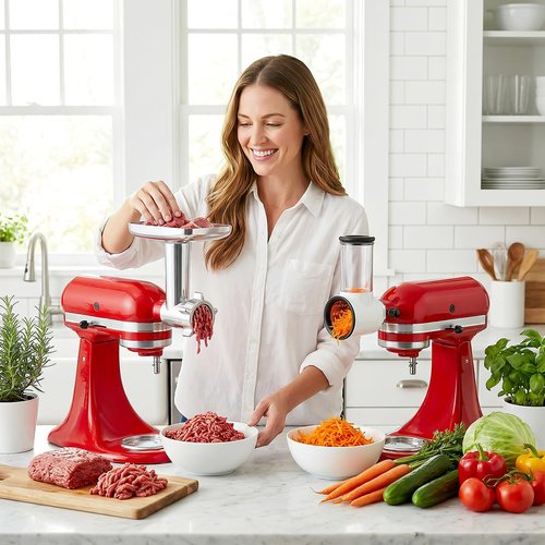 Meat Grinder & Cheese Grater Kitchen Aid Attachment, Slicer Shredder & Meat Grinder with Sausage Stuffer, 2 Pcs for Kitchen Aid Accessories and Attachments
