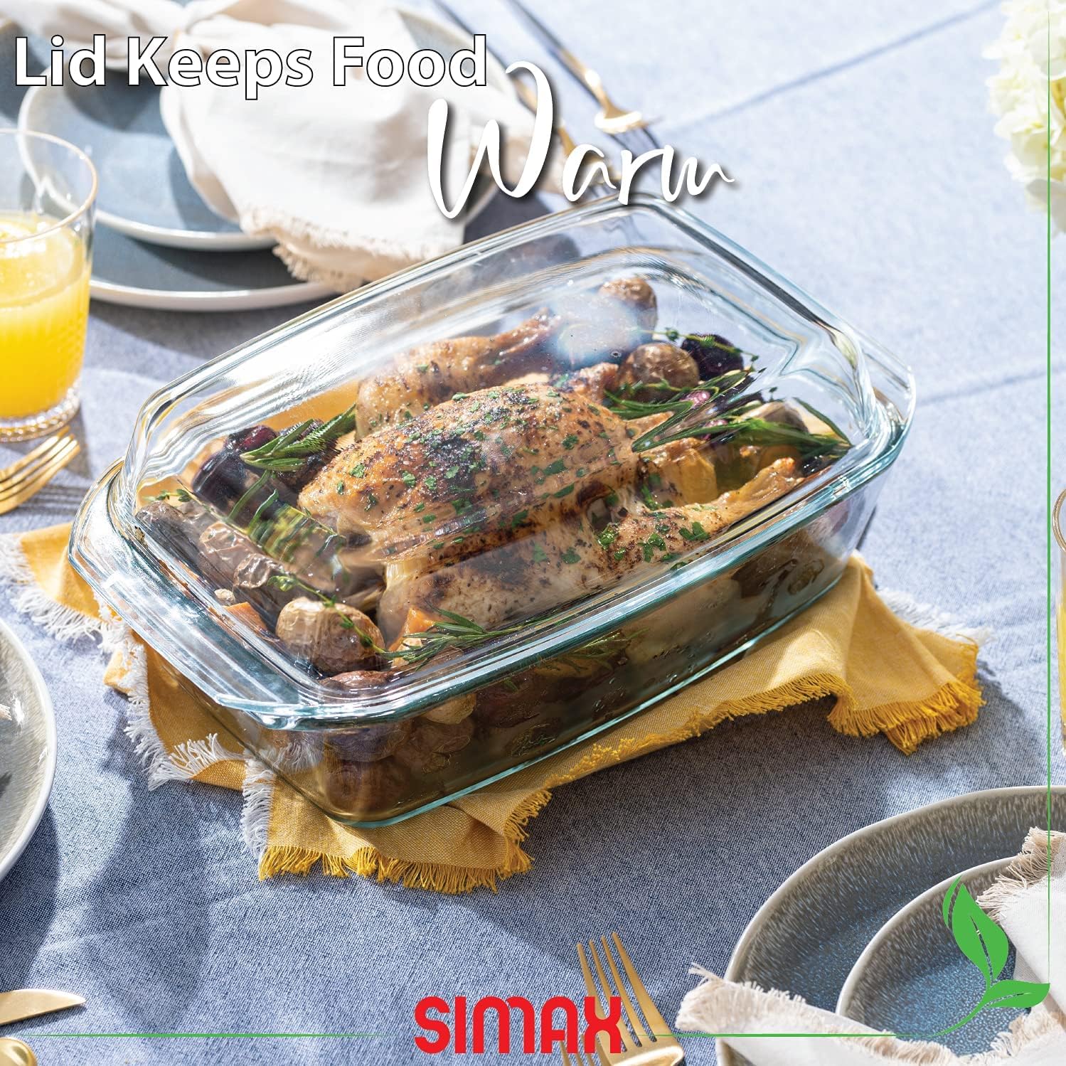 Simax Large Glass Casserole Dish - Oven Safe Bakeware With Lid | 3 Quart Oblong Cooking & Serving Dish