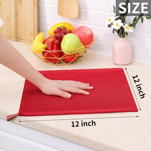 Homaxy 100% Cotton Dish Cloths - Ultra Soft & Absorbent Quick-Drying Towels | 12x12 Inches, 6-Pack, Red