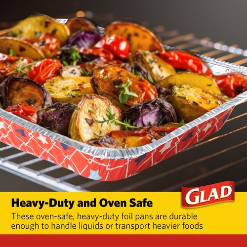 Glad Disposable Aluminum All Purpose Pans in Red, White & Blue Stars, 3ct with Lids - Printed Colorful Foil Steam Pans - 12.5” x 10.2” x 2.16” Aluminum Pan - Disposable Steamware