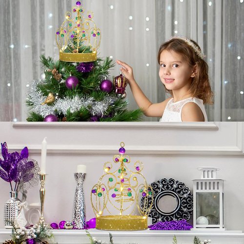 JolliLudo Mardi Gras Light up Jeweled Crown Tree Topper, 10.6" Mardi Gras Tree Glittered Ornament with Beads Battery Powered Warm Light, Metal Xmas Carnivals Spring Decorations for Holiday Decor