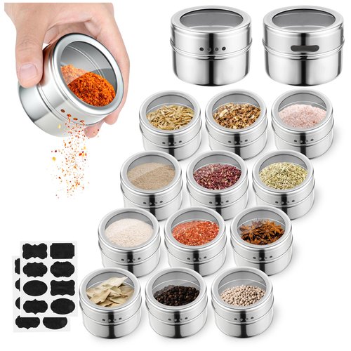 luqagol 12pcs Stainless Steel Spice Jars, Magnetic Condiment Tins Magnetic Spice Jar With Clear Lid And Holes Sift&Pour - Easy To Clean