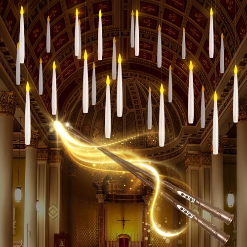 LUSHARBOR Floating Candles with Wand, 20 Pack 2 Wands Halloween Magic Hanging Candles Flameless Floating Candles Battery Operated for Halloween Decorations Gift Idea