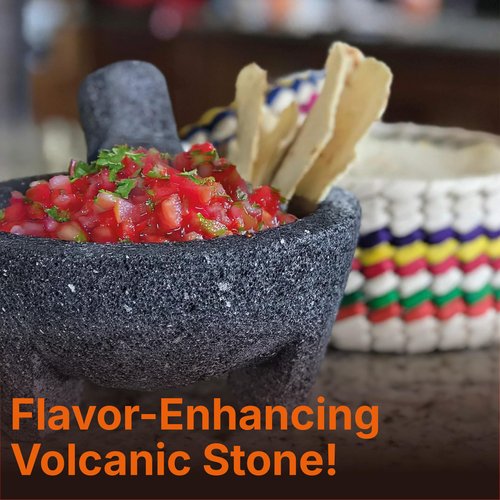 Mexican Molcajete Bowl with Tortilla Basket by Verve Culture, Basalt Volcanic Stone Mortar and Pestle, Rough Surfaced Mexican Kitchenware for Mixing and Grinding, Oven Safe, 7” Grinding Bowl
