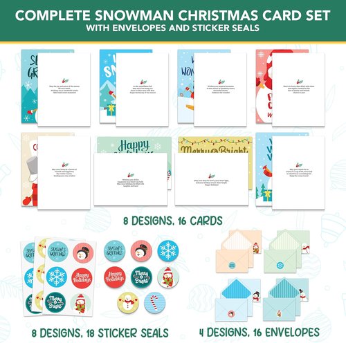Decorably 16-Pack Snowman Kids Christmas Cards - 5x7in Holiday Designs with Envelopes & Stickers