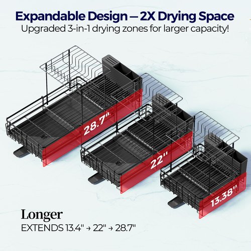 Pantasia 2 Tier Large Dish Drying Rack, Expandable Dish Rack for Kitchen Counter, Dish Drainer with Drainboard Set, Multifunctional Dishrack with Utensil Holder & Cup Holder, 13.4"-28.7" L x 11.8" W