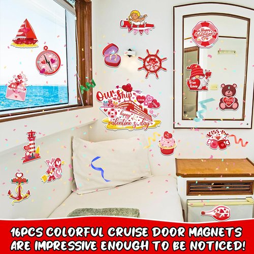 16Pcs Valentines Day Cruise Door Magnets Decorations Reflective Valentine's Day Cruise Ship Door Decor Magnetic Stickers for Carnival Cruise Refrigerator Cars Fridge Holiday Party