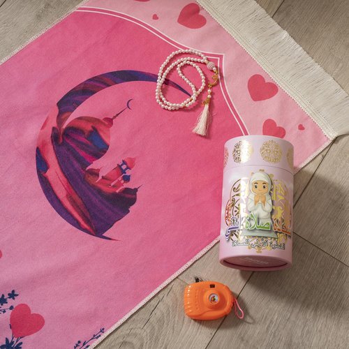 HSR Kids Prayer Mat Muslim with Islam Prayer Beads - Islamic Gifts with Toy Camera, Travel Prayer Mat for Kids Prayer Rug with Box, Portable Prayer Matt Islam, Pink
