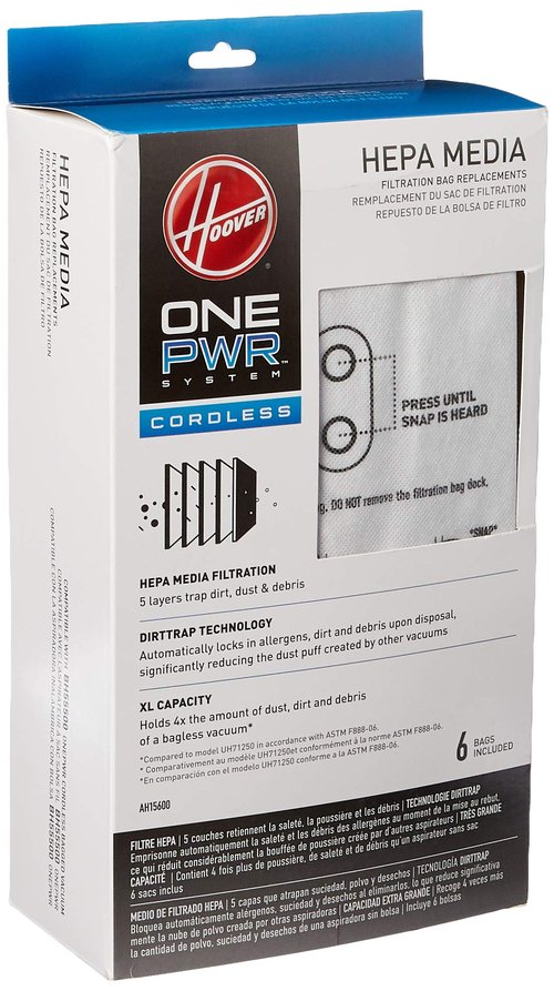 Hoover Vacuum Cleaner Bags for ONEPWR Cordless Vacs, Pack of 6, White, Hepa Filtration, Part # AH15600, Hoover Vacuum Bags Refill