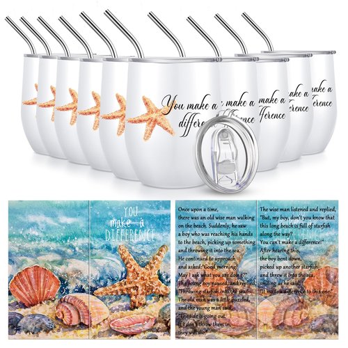 Set of 10 Thank You Gifts You Make a Difference Gift Employee Appreciation Gifts Bulk 12oz Stainless Steel Tumbler Cup Starfish Cards for Social Worker Volunteer Staff Secretary Nurse