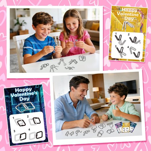 24 Pcs Valentine’s Day Gift Metal Brain Teaser Puzzles Set with Cards for Boys and Girls Unlock Interlock Game Fidget Party Favors School Exchange Classroom Prizes for Older Kids Teens Adults