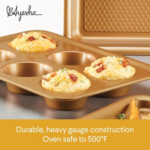 Ayesha Curry Nonstick Bakeware Set - 4-Piece Toaster Oven Set with Copper Brown Baking Pan & Muffin Pan