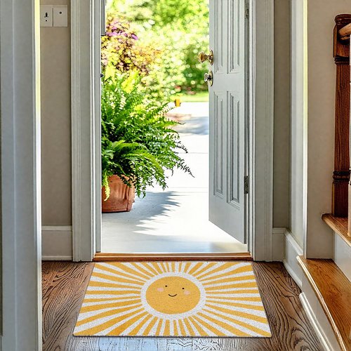 FWSFD Smiling Sun Boho Door Mat, Retro Yellow Sunshine Doormat Non-Slip for Porch Indoor Outside Entrance Entryway, Boho Welcome Mat Front Door, 17x30 Inch
