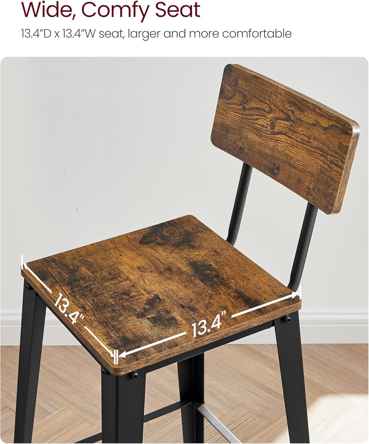 VASAGLE Bar Stools Set of 2 - 29.1-Inch Tall Industrial Style Chairs with Back | Rustic Brown & Ink Black