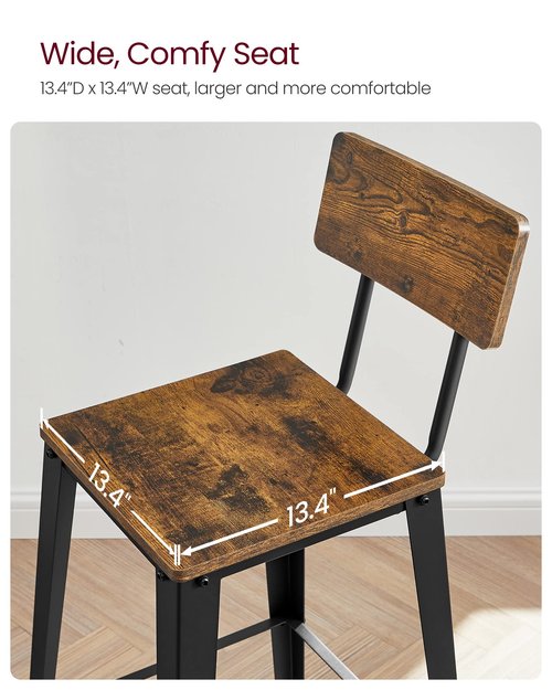 VASAGLE Set of 2 Bar Stools, Bar Height Stools, 29.1 Inches Tall Barstools with Back, Counter Bar Chairs for Kitchen Island, Steel Frame, Industrial Style, Easy Assembly, Rustic Brown and Ink Black