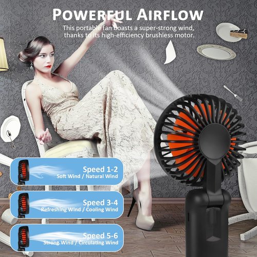 LtYioe Portable Handheld Fan - Rechargeable Mini Desk Fan with LED Display & 180° Foldable Design | Black