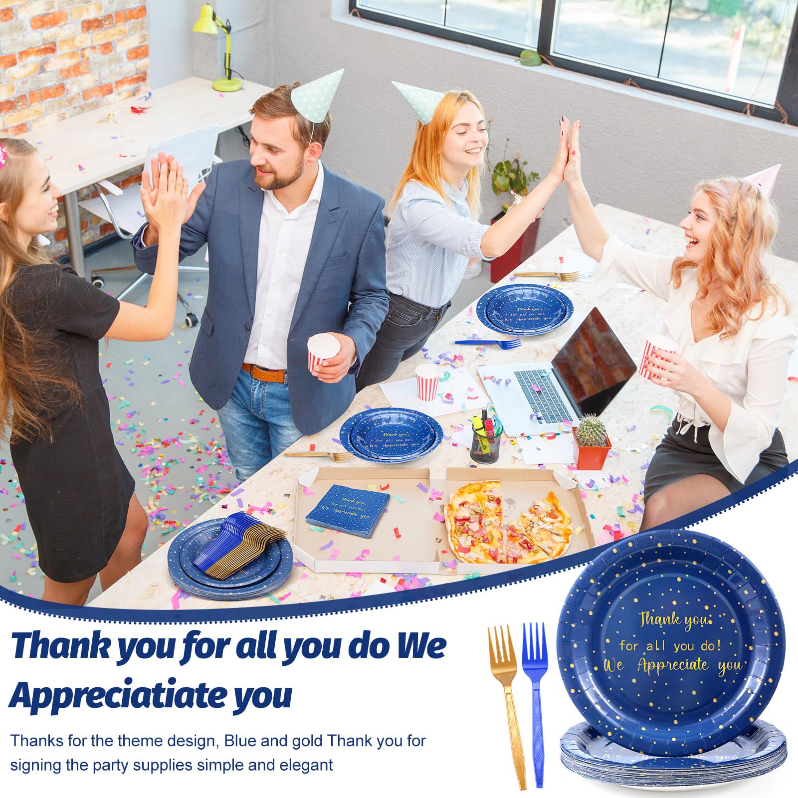 Geyoga 96 Pcs We Appreciate You Decoration Teacher Graduation Plate and Napkin Employee Appreciation Party Decorations Nurses Week 2026 Tableware for Principal Volunteer Staff(Blue and Gold,Thankful)