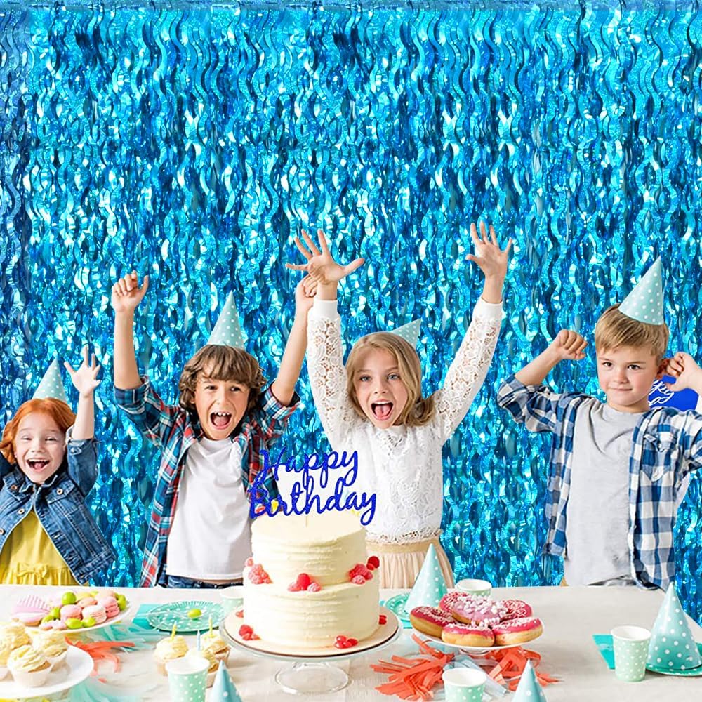 TONIFUL Wavy Metallic Tinsel Foil Fringe Curtains - Teal Blue Photo Booth Backdrop | 6.6ft x 6.6ft