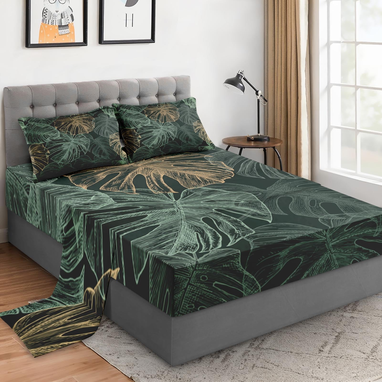 WeCozy Queen Size Bed Sheet Sets with Pillowcases, Green Golden Tropical 4 Pcs Soft Microfiber Bedding for Kids and Adults, Leaves Monstera Palm Flat, Fitted Sheet for Bedroom Bed Decor