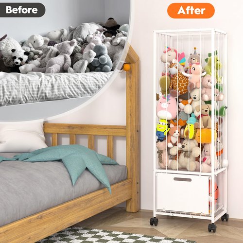 Bukfen Metal Stuffed Animal Storage Zoo Organizer, Extra Large Plush Toy Holder with Adjustable Elastic Cords & 4 Wheels, Vertical Space-Saving for Kids Nursery Playroom Bedroom, White