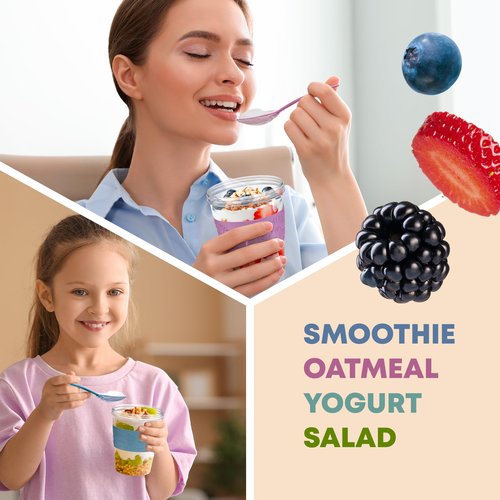 Tribello 4 Pack - On the Go Yogurt Parfait Cups with Lids, Topping Compartment & Spoon, Yogurt/Parfait Cups for Breakfast Meal Prep, Reusable Leak Proof Container - BPA Free - 20oz - Colorfull