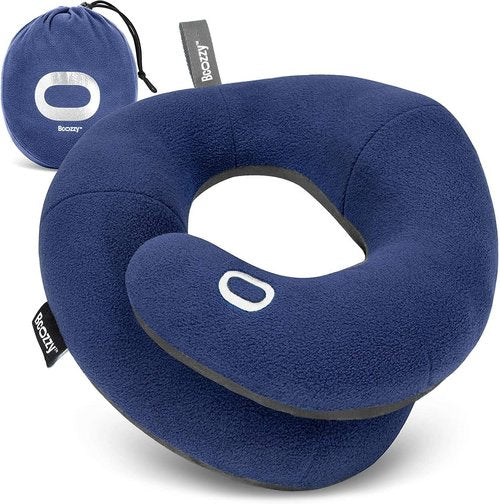 BCOZZY Travel Neck Pillow - Patented Double Support for Head, Neck & Chin | Adjustable Size, Navy