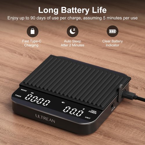Ultrean Mini Coffee Scale with Timer, Rechargeable Espresso Scale, 2kg/0.1g Accurate Scale for Espresso and Pour-Over Coffee, Portable Digital Kitchen Scale with 3 Brewing Modes