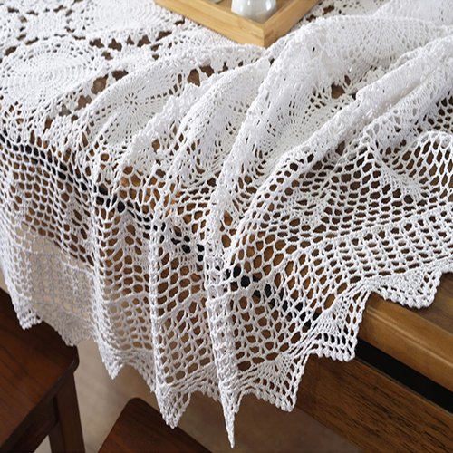 USTIDE Shabby Handmade Crochet Tablecloth Rectangle Romantic Table Cover White Lace Design Table Overlays Rectangular 51inchesx70inches