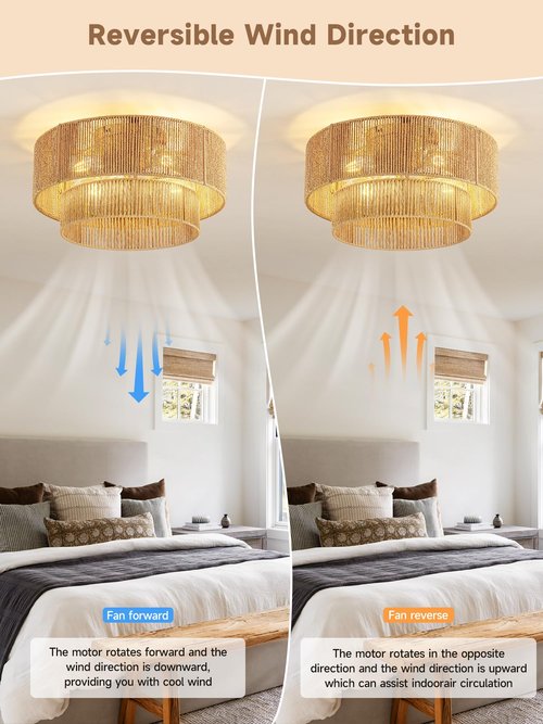 Boho Caged Ceiling Fan with Light Flush Mount, Handwoven Layered Rattan Fandelier with Remote Control & 6-Speed Reversible, Gold Low Profile Chandelier for Bedroom, Living Room, Girls Room, Nursery