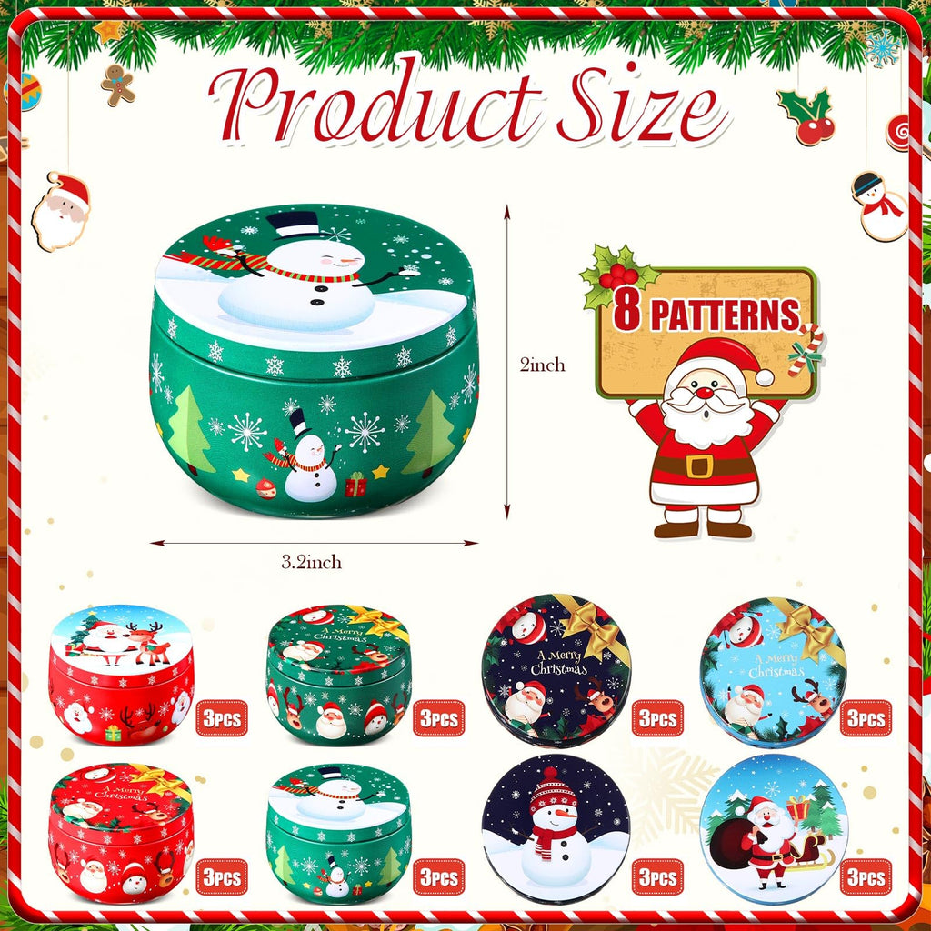 Mumufy 24 Pcs Christmas Cookie Tins 8 Styles Candy Tinplate Retro Tins Storage Containers Metal Cookie Jars Round Nesting Containers for DIY, Dry Storage, Spices, Tea, Candy