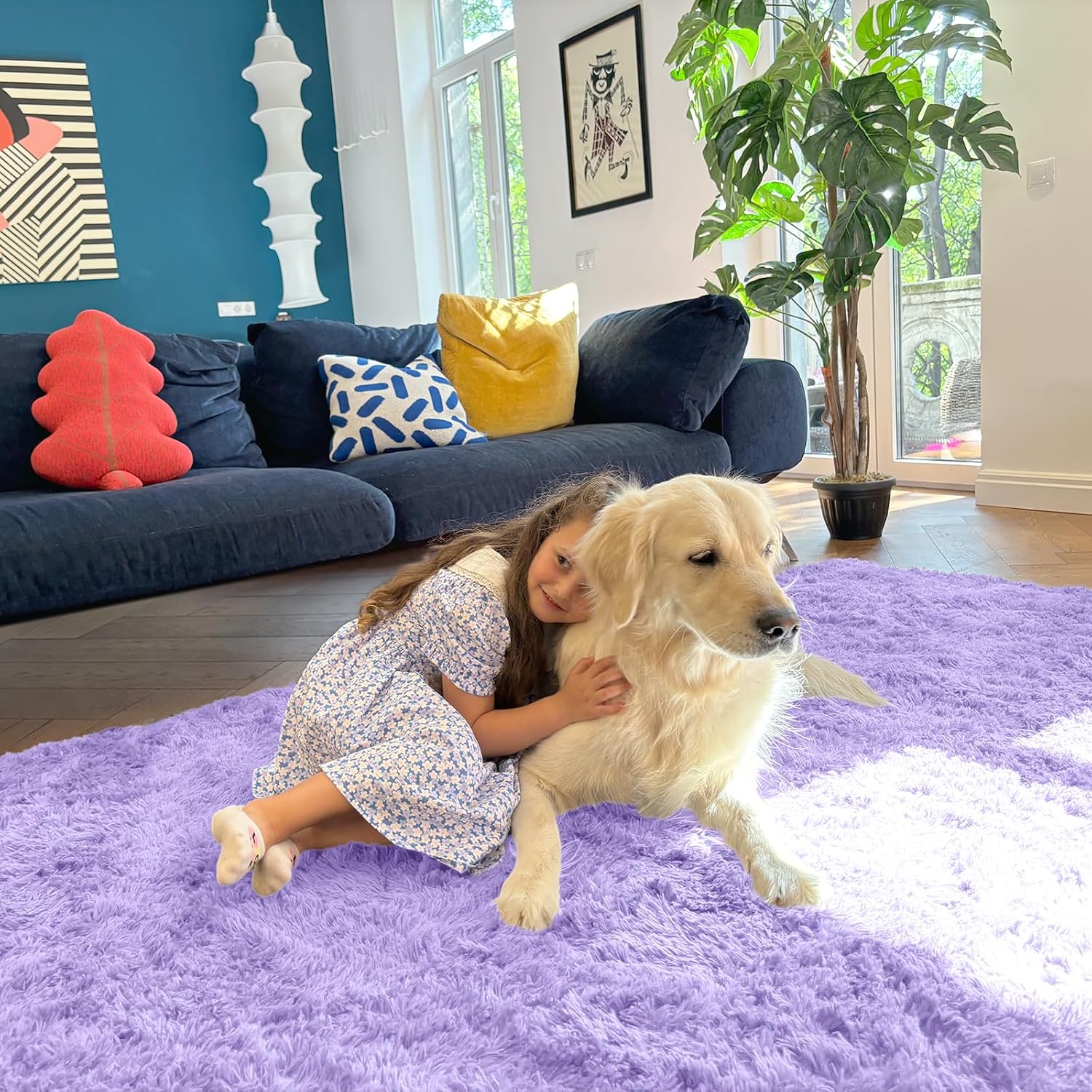 OLANLY Large Area Rug - Soft Fluffy Shaggy Carpet for Living Room & Bedroom | 6x9 ft, Light Purple