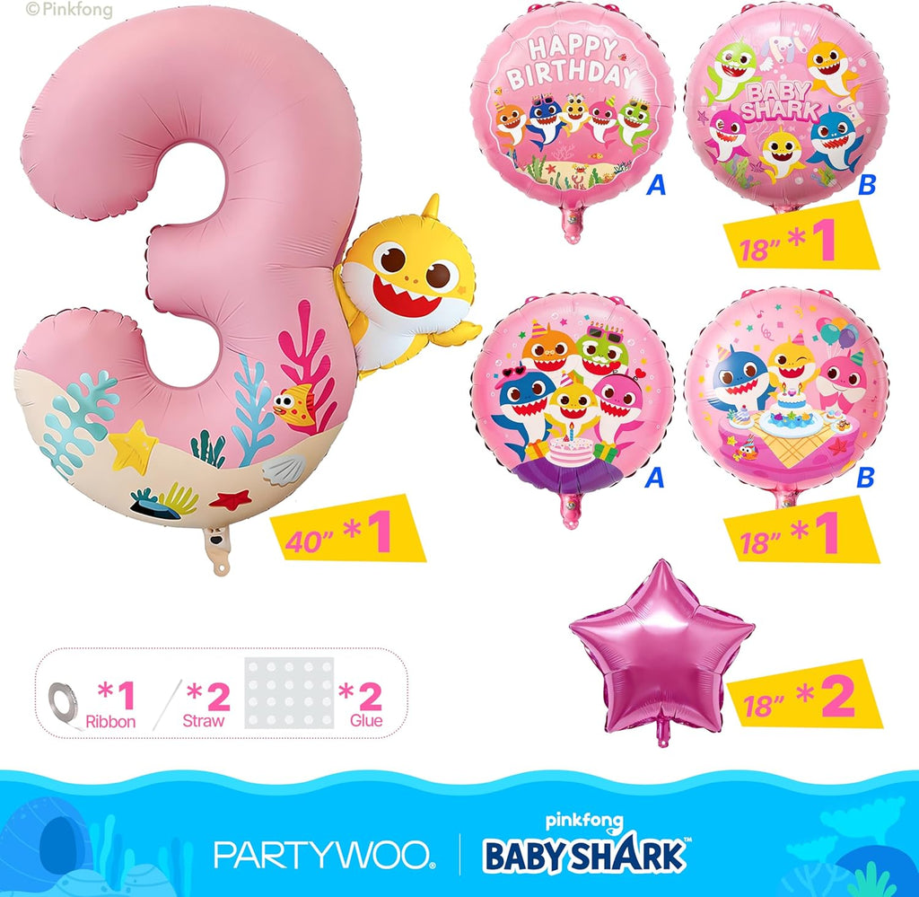 PartyWoo Baby Shark Pink Foil Number 3 Balloon - 5pcs 18-Inch Round Mylar Helium Birthday Decor