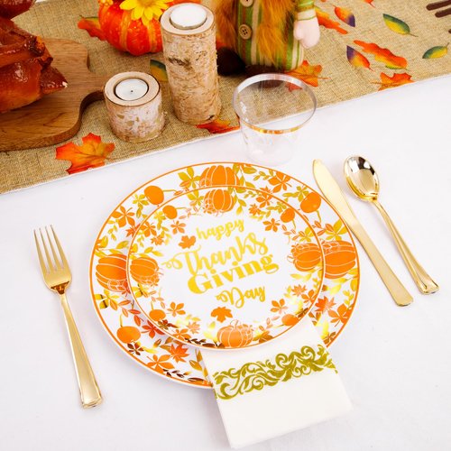 Supernal 175pcs Thanksgiving Plastic Dinnerware Set,Disposable Plates with Gold Plastic Silverware and Cups,Pumpkin and Maple Leaf Design for Thanksgiving Day Party
