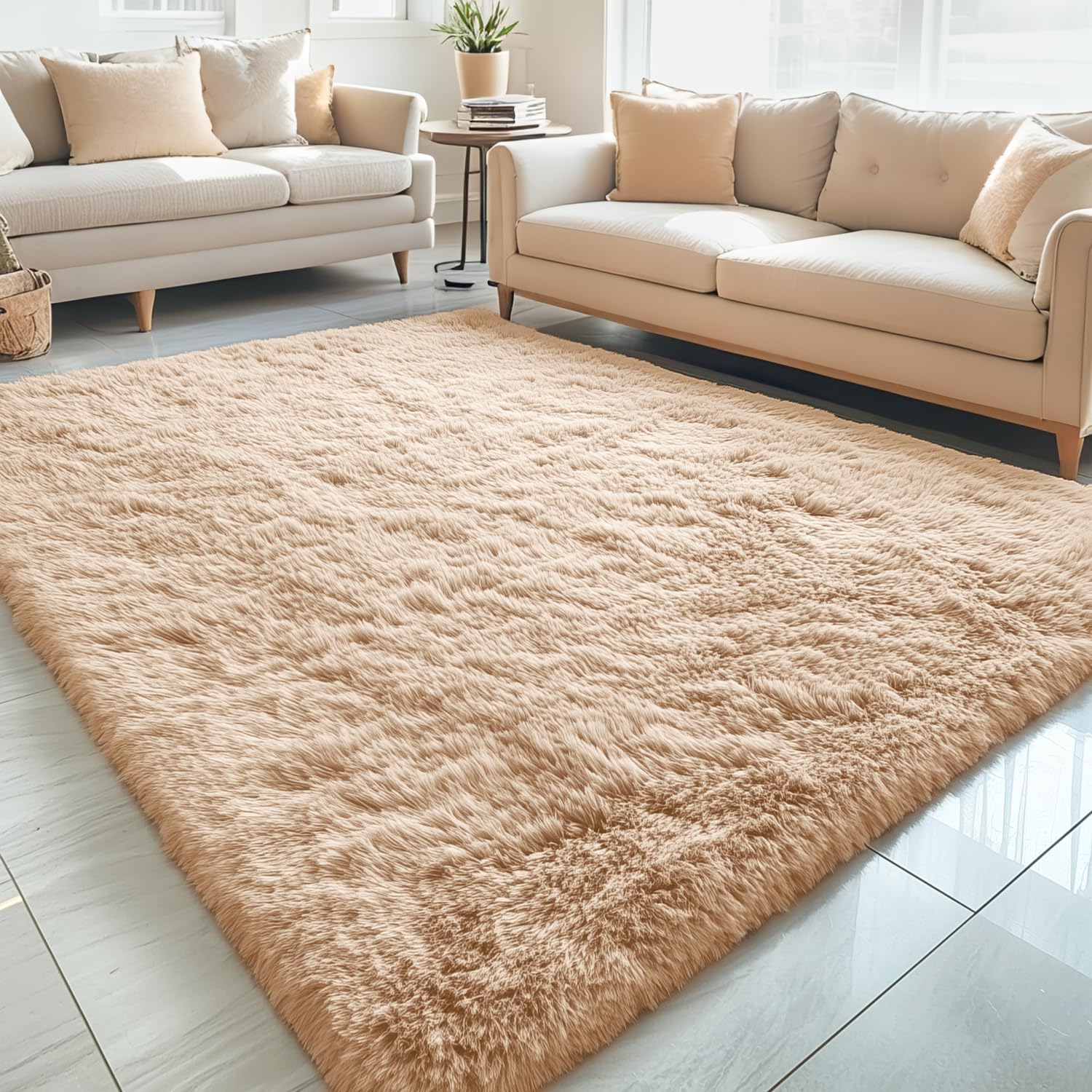 OLANLY Large 5x8 Machine Washable Area Rug - Soft Fluffy Shaggy Carpet for Living Room & Bedroom | Beige