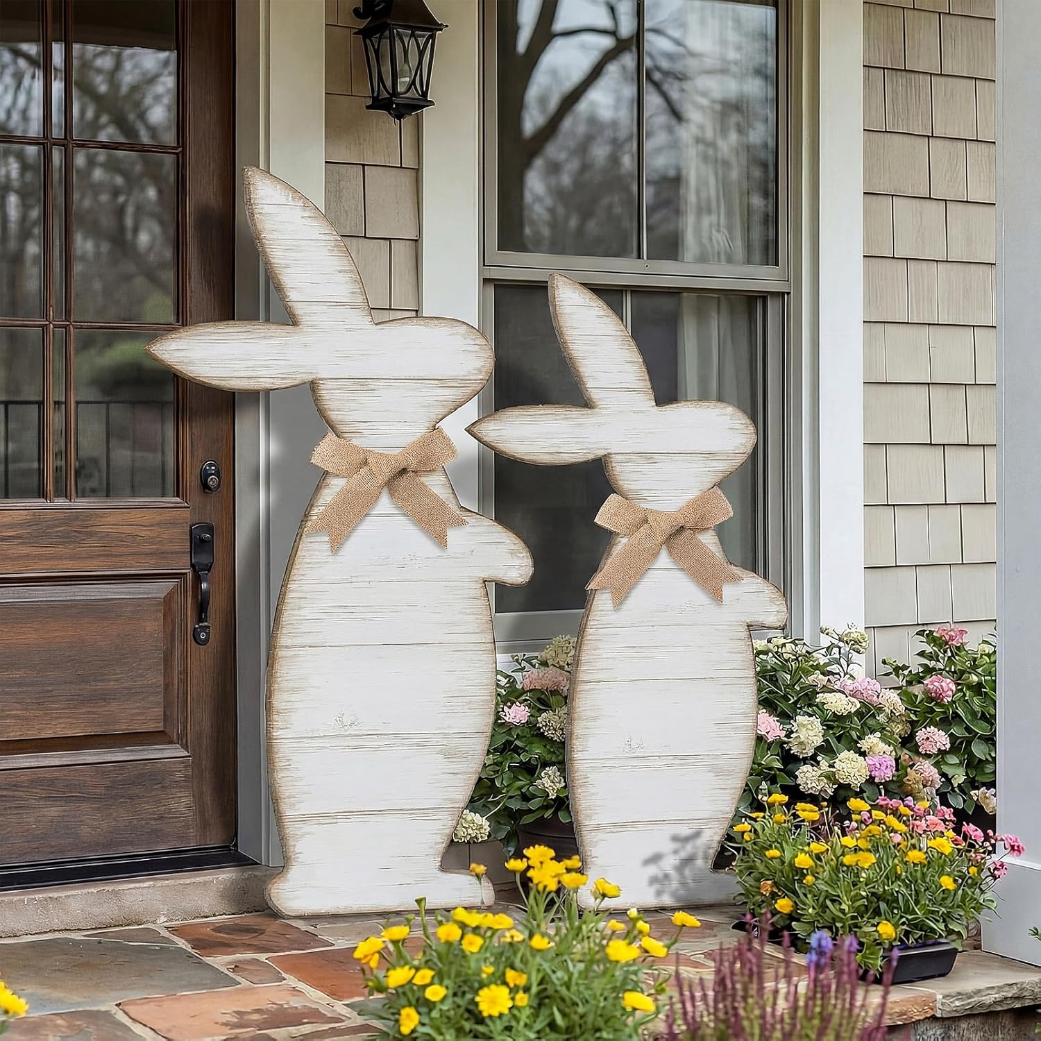 Yerliker Outdoor Easter Decorations - Rustic Wooden Bunny Signs for Porch | Large 31.6" & 27.56" Sizes