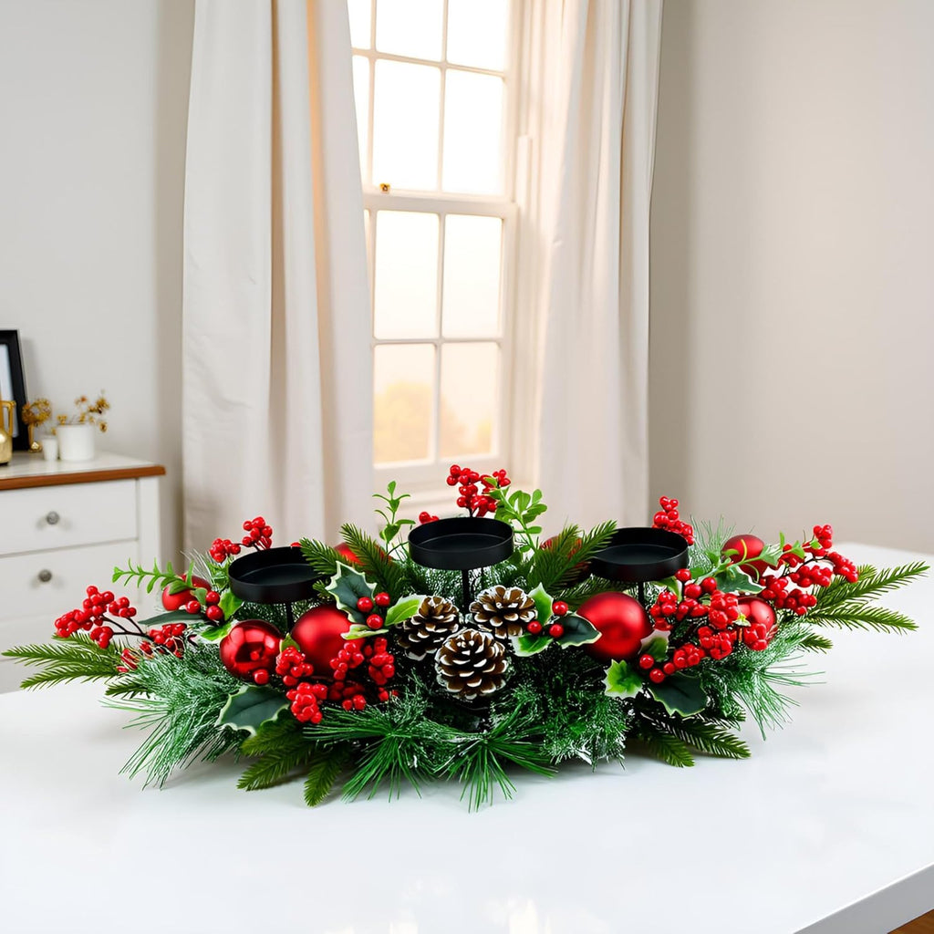YULETIME 28" Christmas Triple Candelabrum - Festive Candle Holder with Red Baubles & Natural Pine Decor