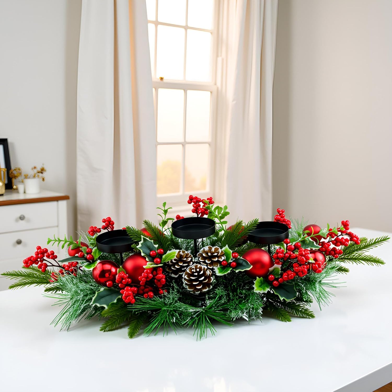 YULETIME 28" Christmas Triple Candelabrum - Festive Candle Holder with Red Baubles & Natural Pine Decor