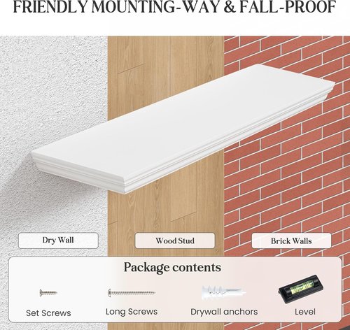 Fun Memories Floating Shelves - 24 Inch Classic Crown Molding Rustic Wooden Wall Decor | White, 2-Pack