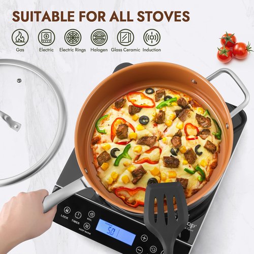 duxtop pro Ceramic Saute Pan with Lid, 5.5QT Nonstick Frying Pan without PFAS, PTFE, or PFOA, Stainless Steel Base Deep Skillet for All Cooktops, Oven & Dishwasher Compatible