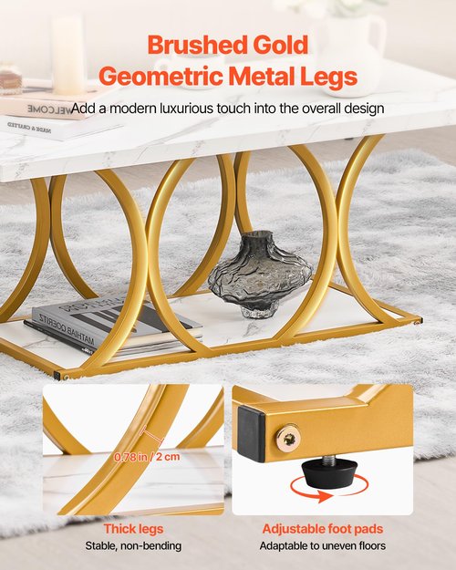 VEVOR Coffee Table, Modern Faux Marble Coffee Table, 2-Tier Rectangle Center Desk with Geometric Legs, Minimalist Sturdy Metal Frame Accent End Desk for Living Room, Office, Easy Assembly, White