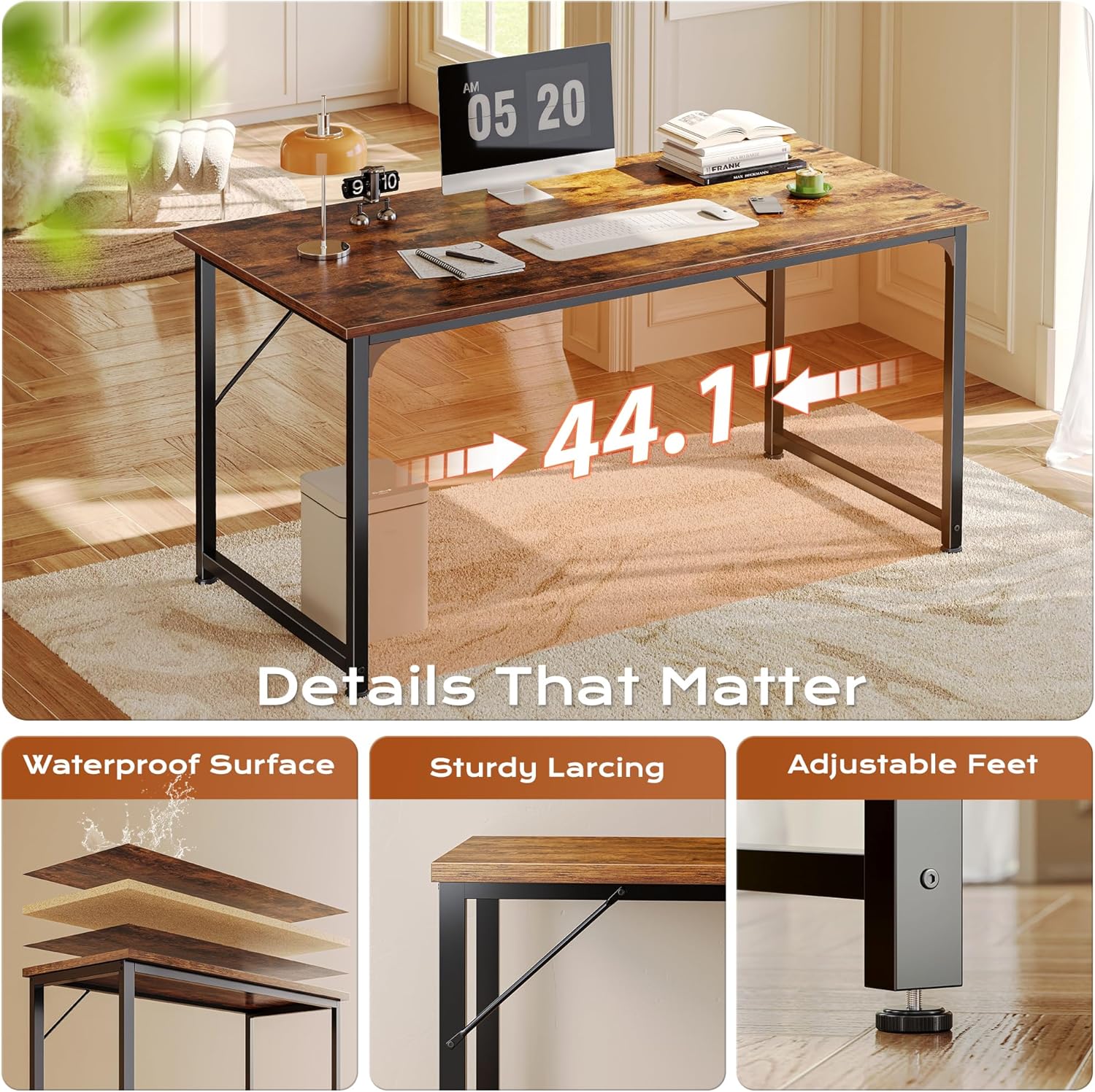 PRAISUN Computer Desk - 47" X 24" Rustic Brown Gaming & Office Writing Desk with Metal Frame