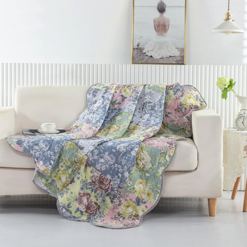 Greenland Home Emma Patchwork Floral Print Quilted Throw Blanket, 60x50-inch, Gray