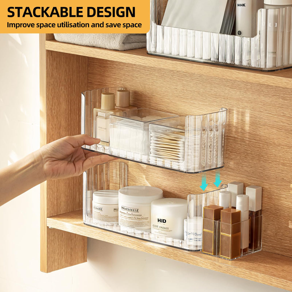 PAVSTINE 2-Tier Stackable Medicine Cabinet Organizer, Narrow Bathroom Makeup Organizer with Lipstick Holders & Cotton Swab Cases, Clear Countertop Shelf for Mirror Cabinet and Vanity