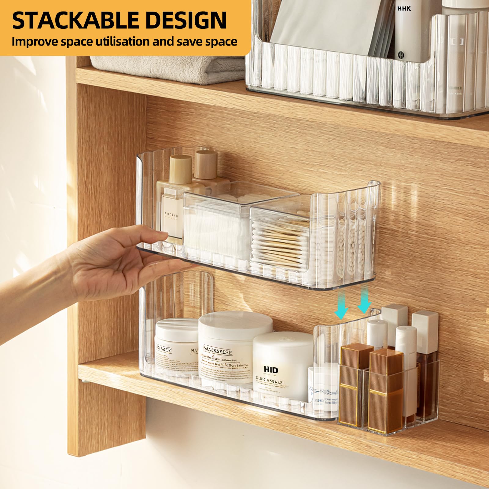 PAVSTINE 2-Tier Stackable Medicine Cabinet Organizer, Narrow Bathroom Makeup Organizer with Lipstick Holders & Cotton Swab Cases, Clear Countertop Shelf for Mirror Cabinet and Vanity