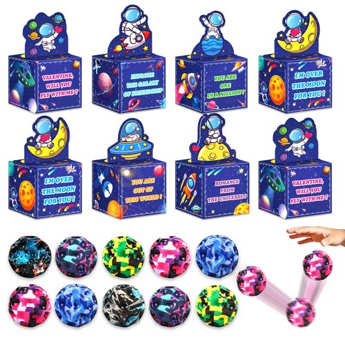 Valentines Day Cards for Kids School, 24 Pack Bouncing Balls with Valentines Day Card Box, Valentines Cards Gifts for Kid Classroom School Exchange, Valentines Party Favors Prizes Set for Kid
