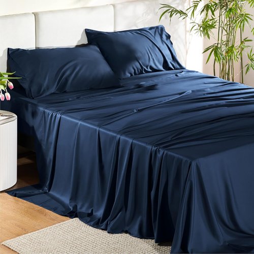 Bedsure Cooling Bed Sheets - Breathable Rayon from Bamboo, Deep Pocket Up to 16 Inches, Navy