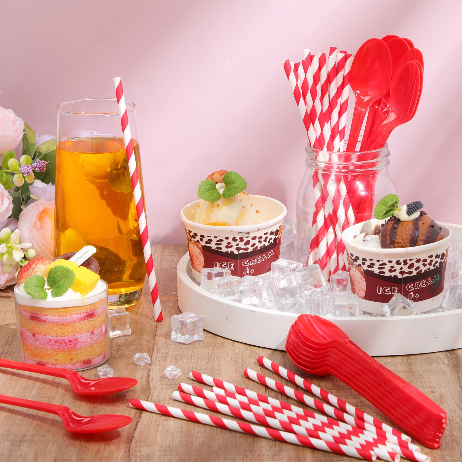 Potchen 100 Sets/200 Pcs 8.27 Inch Sundae Spoons and Red Paper Straws Heavy Duty Plastic Utensils Party Supply for Ice Cream,Milkshakes,Stirring Cocktails and Tall Ice Beverages
