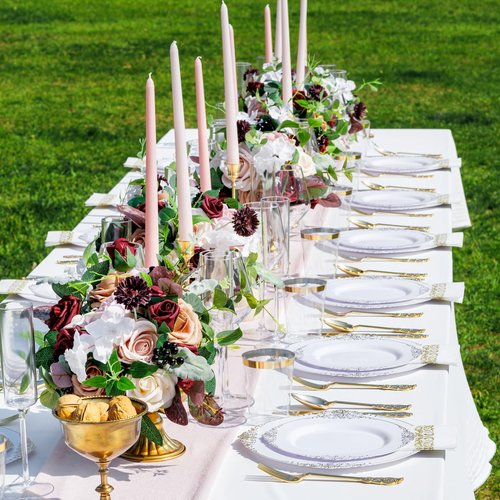 Nervure 350PCS Gold Plastic Dinnerware - White and Gold Disposable Plates for 50 Guests - 100 White Disposable Plates, 150 Plastic Silverware, 50 Cups, 50 Napkins for Wedding & Party