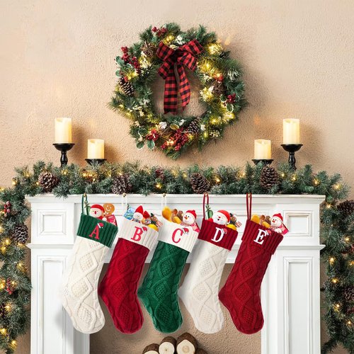 Ulico Initial Christmas Stockings, 18’’ Large Embroidered Monogram Knit Christmas Stocking,Xmas Stocking for Kids, Holiday and Family Stocking for Fireplace or Party Decoration Red-White Letter A