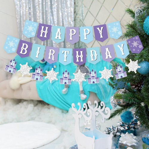Snowflake Happy Birthday Banner,2 Set Pre-Strung Blue Snowflake Banner with Castle for Birthday Party Decorations,Winter Wonderland Holiday Party Decorations,Christmas